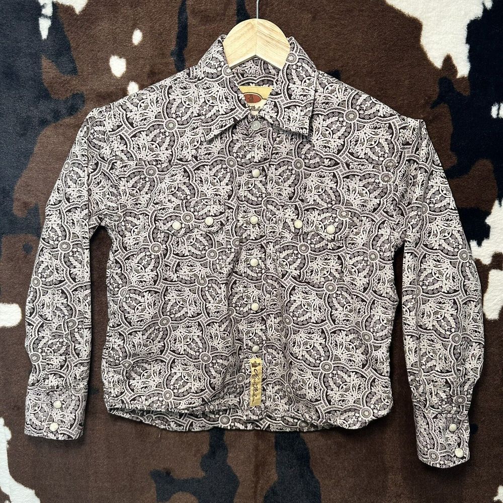 LARRY MAHAN Cowboy Collection Boy's Brown‎ Shirt Long Sleeve Snap Paisley Size M